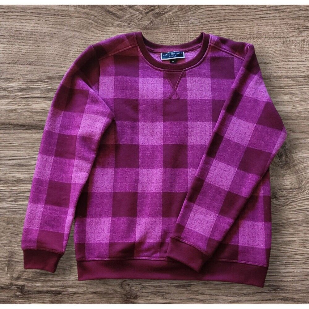 Karen Scott Fleece Sweater Womens Size XS Pink Plaid Long Sleeve Comfy Cozy